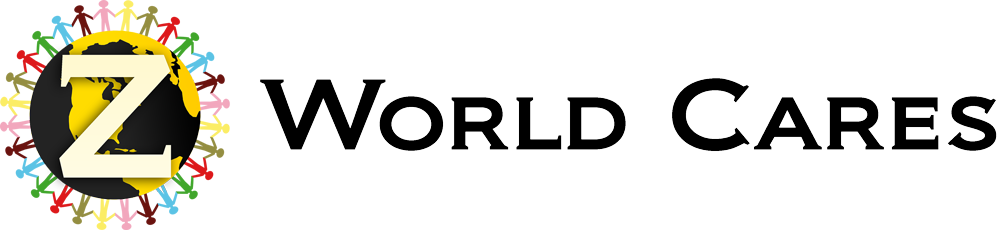 Logo featuring a cream ‘Z’ over a yellow world map on a black circle, surrounded by multicolored hands and framed in a green octagonal border