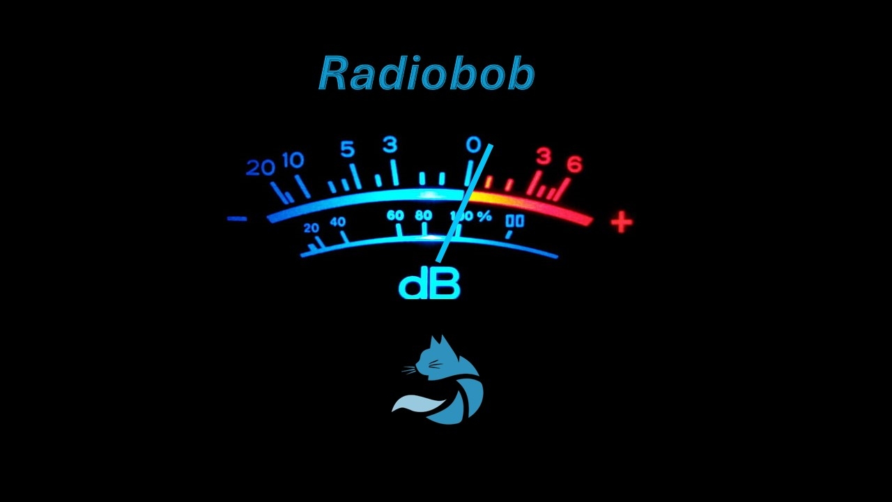 Stylized audio level meter labeled "Radiobob" with a blue fox logo beneath, indicating sound branding.