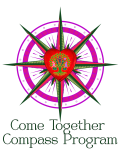 “Logo featuring a green and purple compass with a heart and colorful tree at the center, surrounded by a circular purple design.”