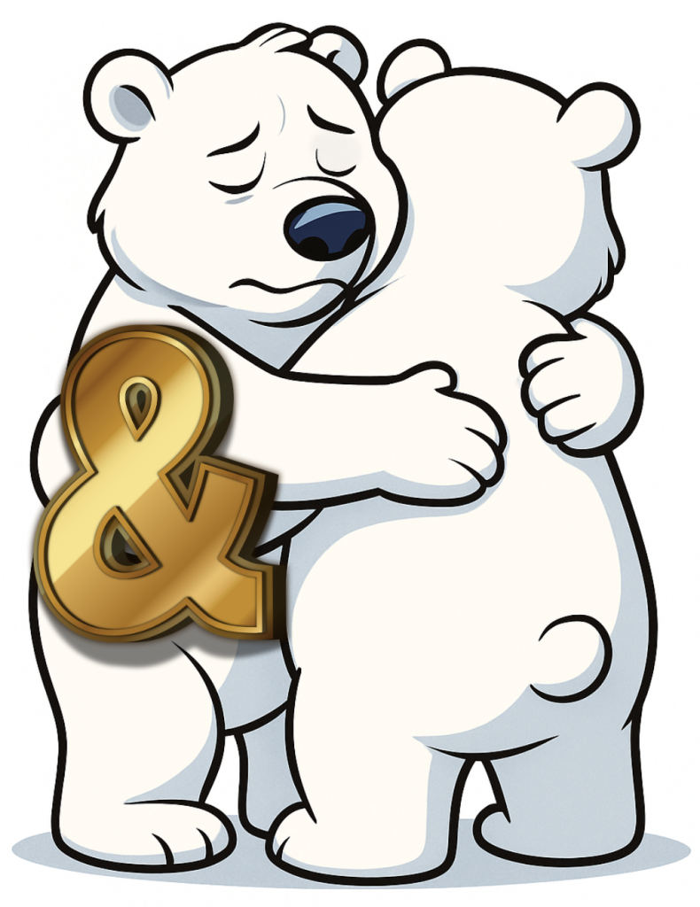 Two cartoon polar bears hugging closely, with one bear facing forward and looking sad while the other comforts them from behind, symbolizing warmth, support, and togetherness.