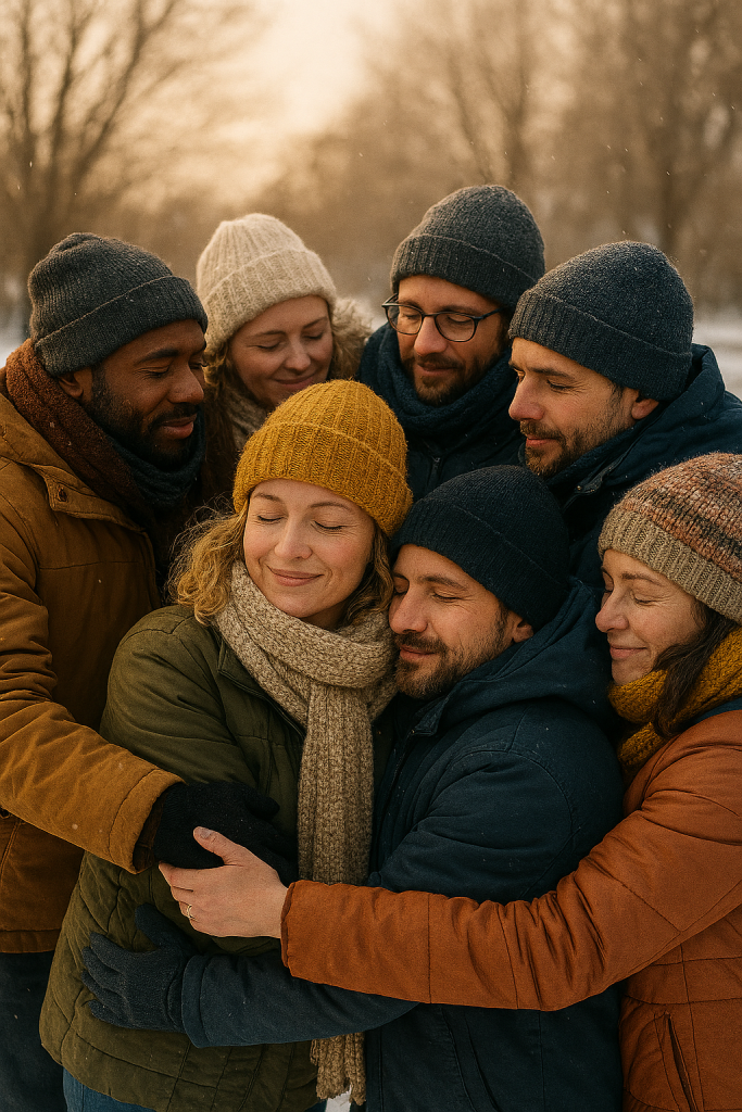 A diverse group of adults huddles together outdoors in the snow, dressed in winter clothing, sharing a warm, supportive embrace during cold weather.