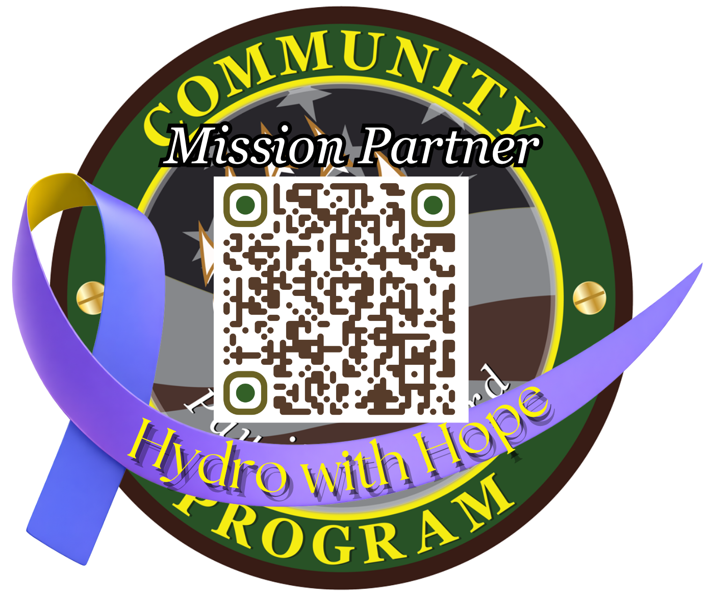 Circular badge with a central QR code, green outer ring labeled “Community Program,” and a purple ribbon across the bottom reading “Hydro with Hope.”
