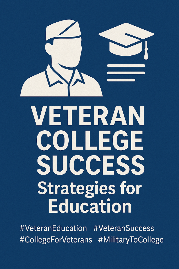 Inclusive cover graphic for “Veteran College Success: Strategies for Education,” featuring symbolic service-animal mascots—Army mule, Navy goat, Marine bulldog, Air Force falcon, Coast Guard bear, and bald eagle—gathered in a college setting with books and campus imagery. Two animals are depicted as female, reflecting gender balance and diversity in veteran representation.