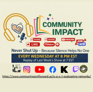 Community Impact promotional graphic with a handshake inside headphones, bold event text, engagement buttons, social media icons, a cartoon bear at a laptop, and a Community Program badge.