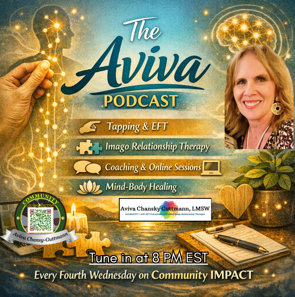 Promotional graphic for The Aviva Podcast featuring Aviva Chansky Guttmann with imagery of a glowing brain, connected light points, candles, and therapy related text.
