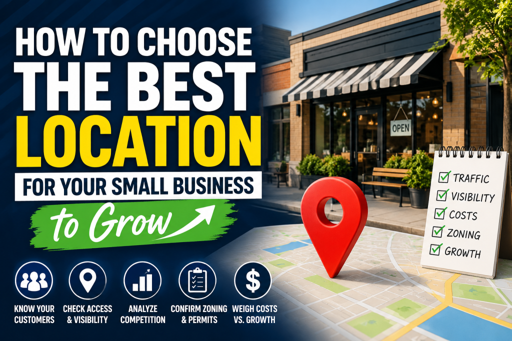 A bold promotional thumbnail featuring a storefront, a large red location pin on a map, and a checklist highlighting traffic, visibility, costs, zoning, and growth. Large text reads: "How to Choose the Best Location for Your Small Business to Grow."