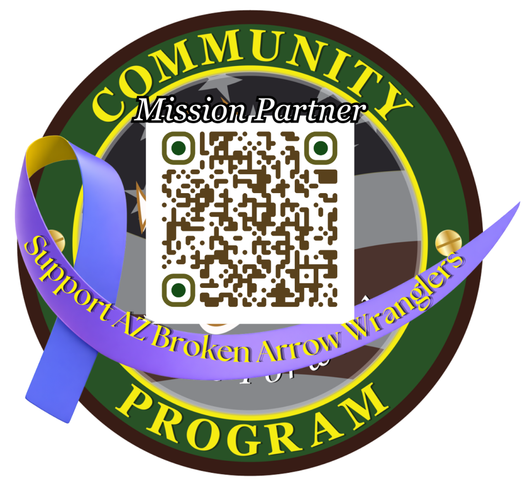 Circular Community Program Mission Partner badge with a QR code and a purple ribbon labeled Support AZ Broken Arrow Wranglers.