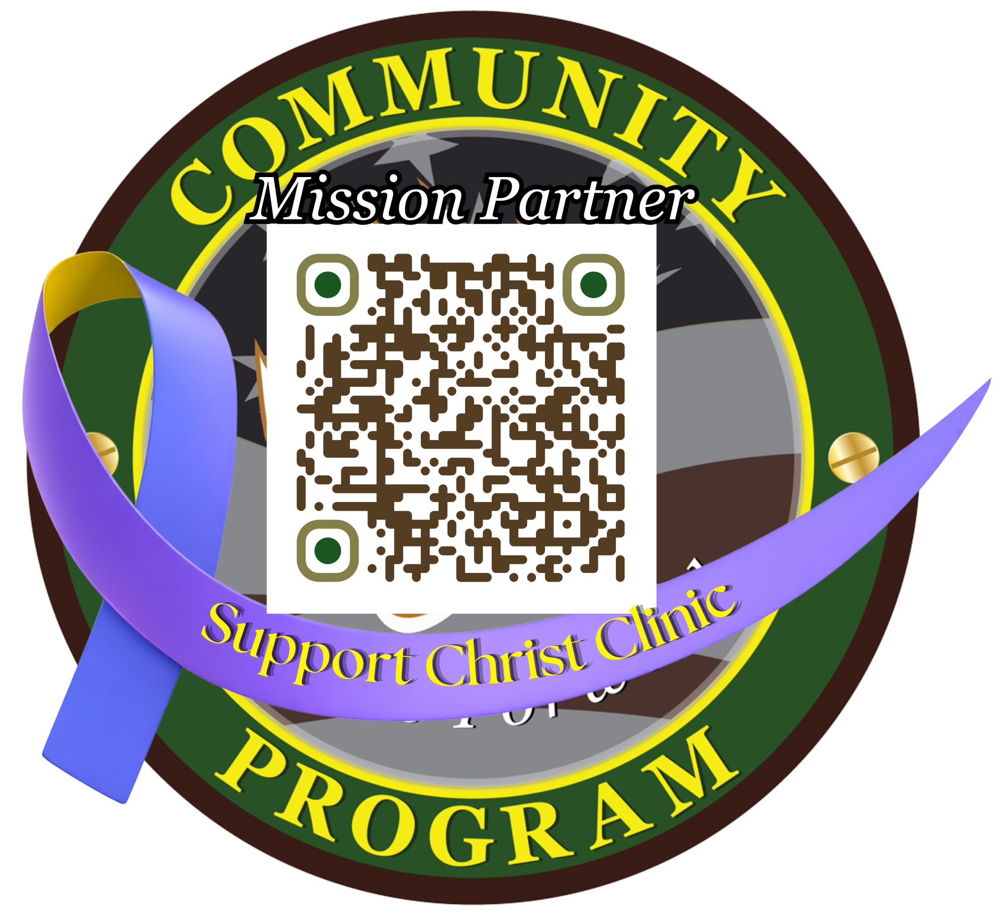 Circular Community Program Mission Partner badge with a QR code and a purple ribbon labeled Support Christ Clinic.
