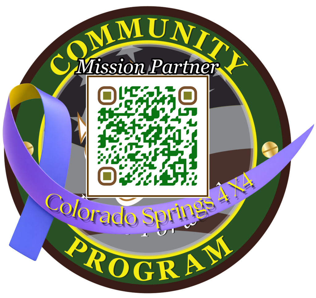 Circular Community Program Mission Partner badge with a QR code and a purple ribbon labeled Colorado Springs 4x4.