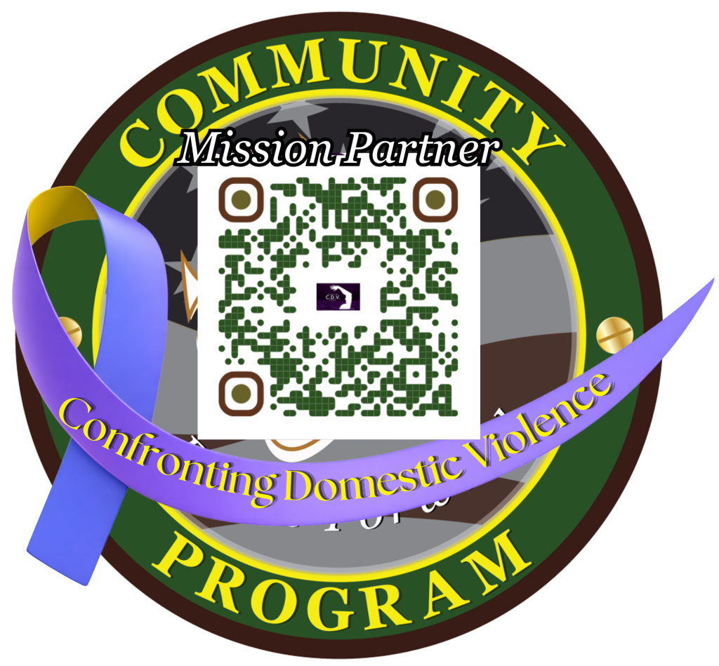Circular Community Program Mission Partner badge with a QR code and a purple ribbon labeled Confronting Domestic Violence.