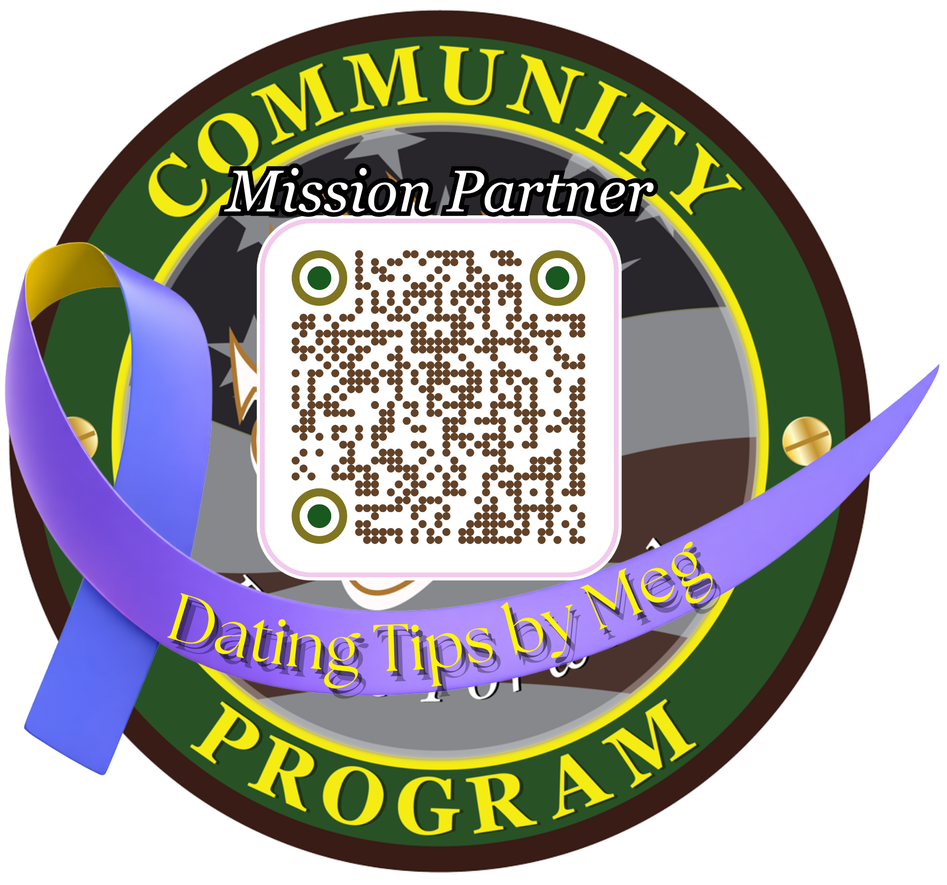Circular Community Program Mission Partner badge with a QR code and a purple ribbon labeled Dating Tips by Meg.