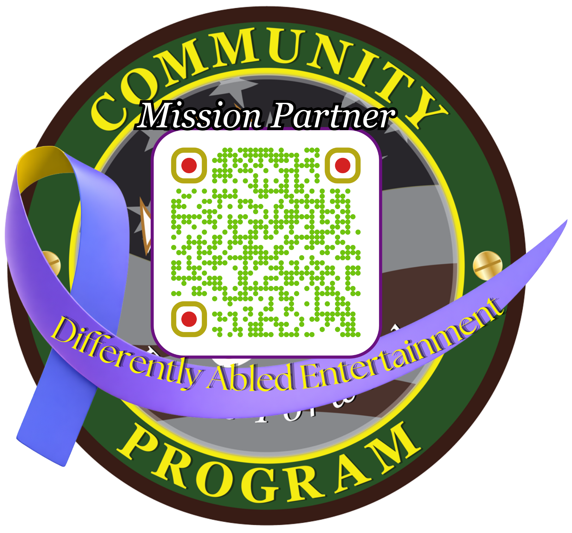 Circular Community Program Mission Partner badge with a QR code and a purple ribbon labeled Differently Abled Entertainment.
