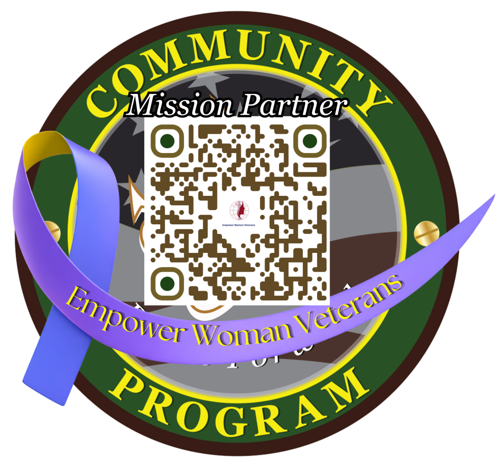 Circular Community Program Mission Partner badge with a QR code and a purple ribbon labeled Empower Women Veterans.