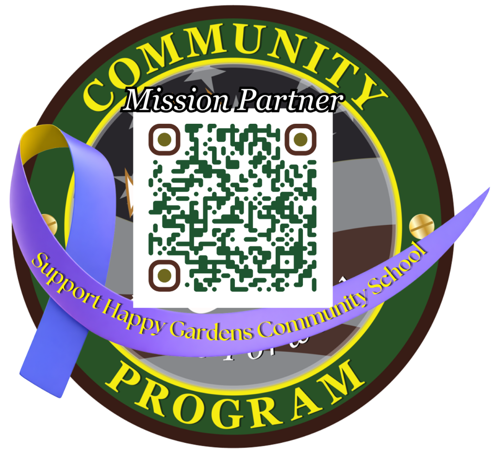 Circular Community Program Mission Partner badge with a QR code and a purple ribbon labeled Support Happy Gardens Community School.
