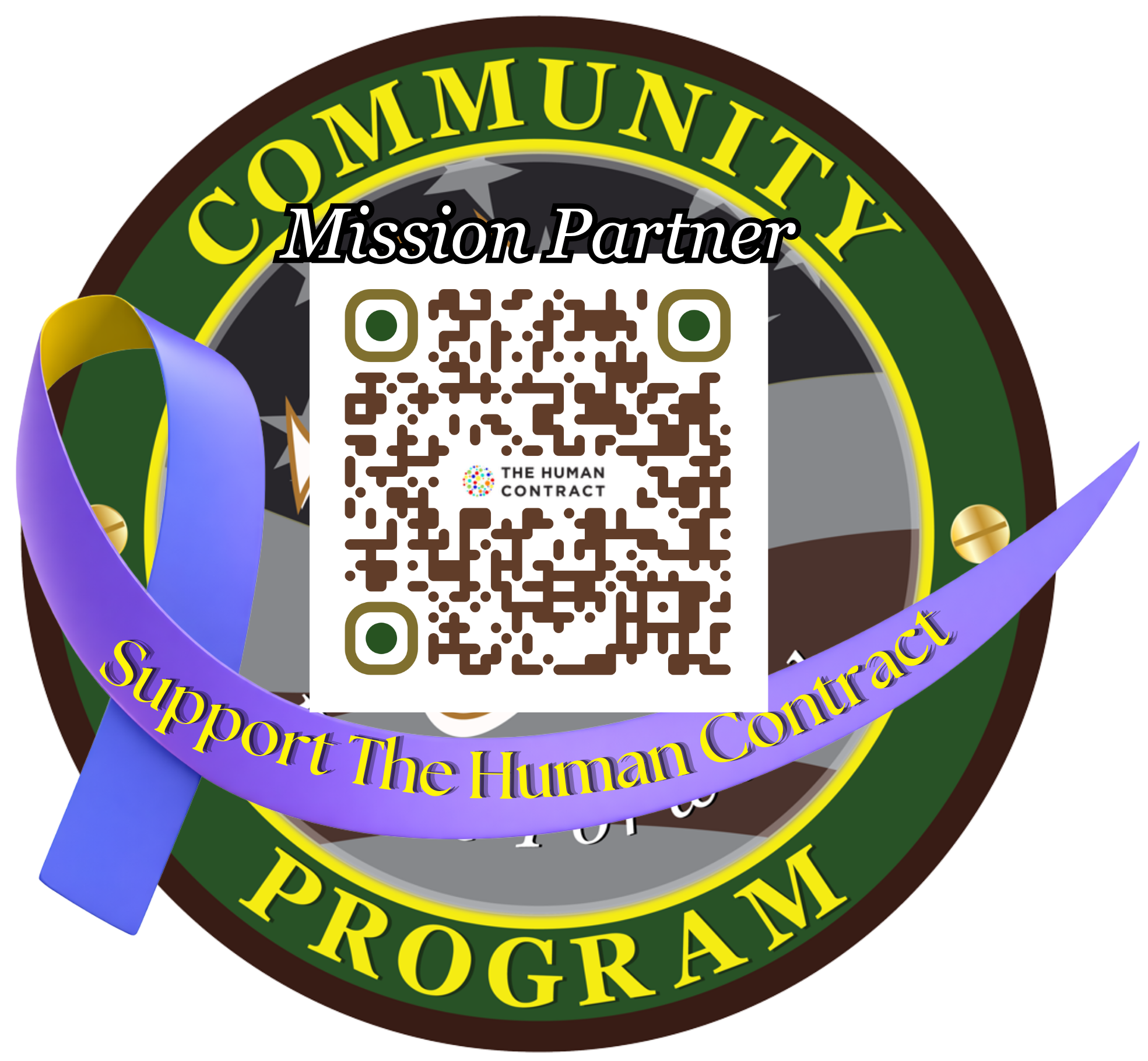 Circular Community Program Mission Partner badge with a QR code and a purple ribbon labeled Support The Human Contract.