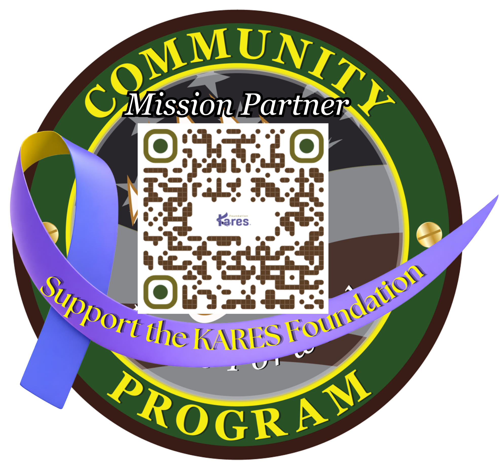 Circular Community Program Mission Partner badge with a QR code and a purple ribbon labeled Support the KARES Foundation.