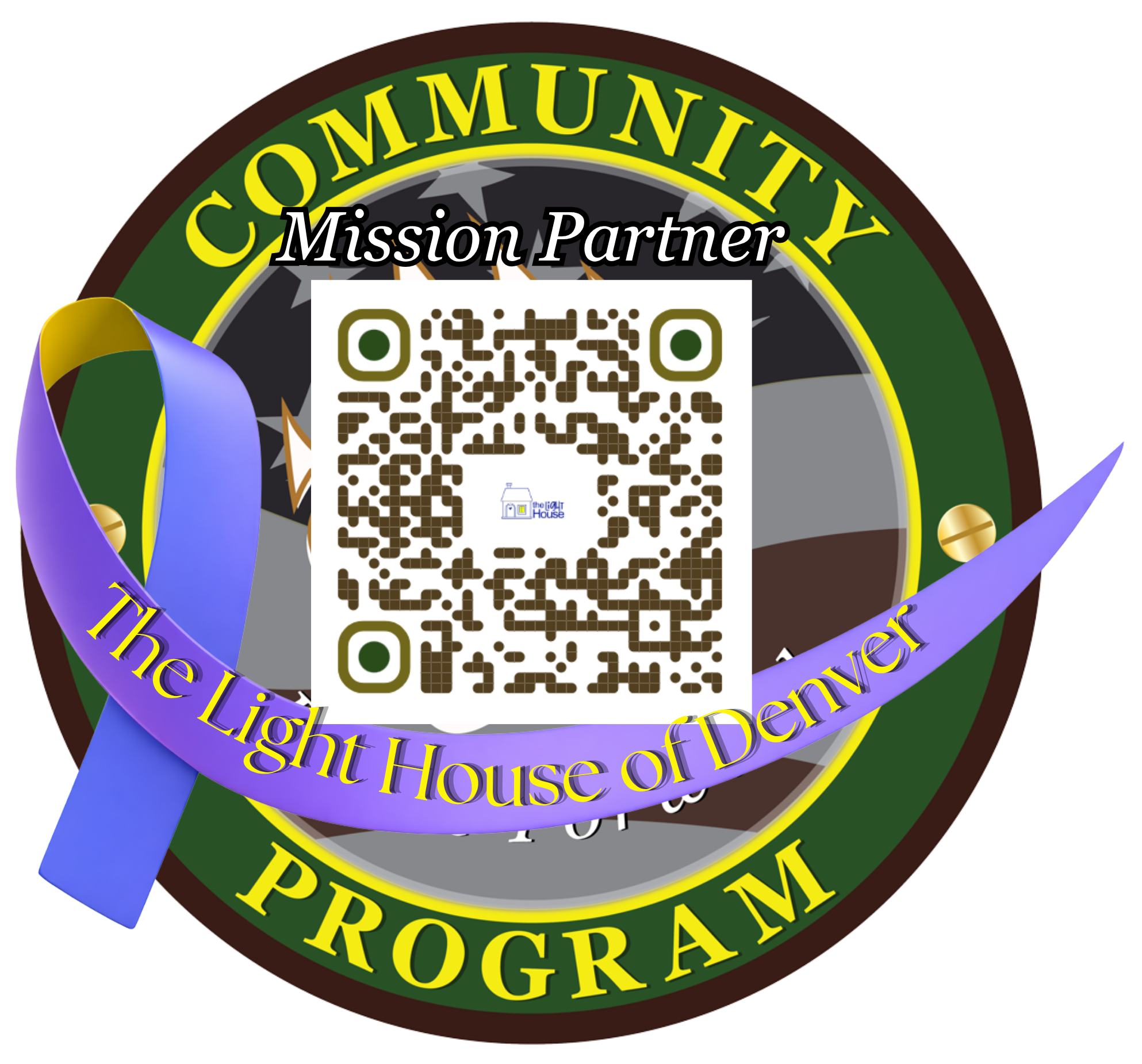 Circular Community Program Mission Partner badge with a QR code and a purple ribbon labeled The Light House of Denver.