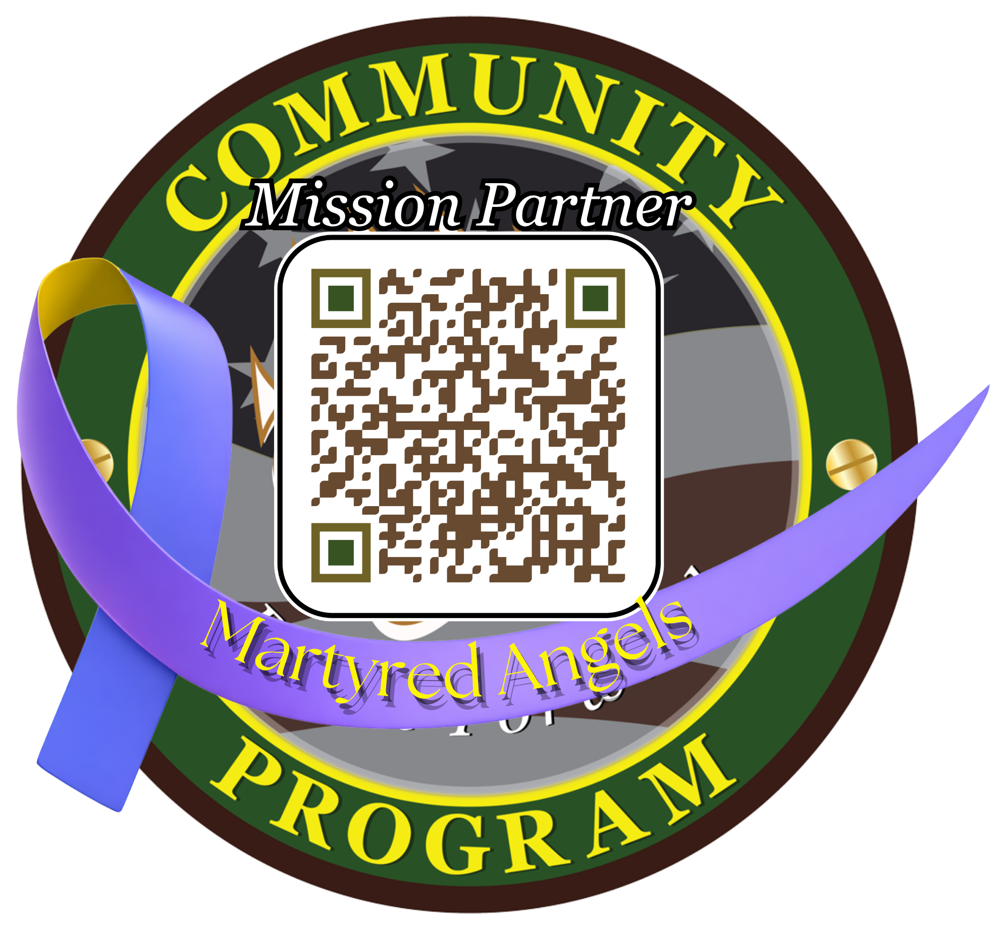 Circular Community Program Mission Partner badge with a QR code and a purple ribbon labeled Martyred Angels.