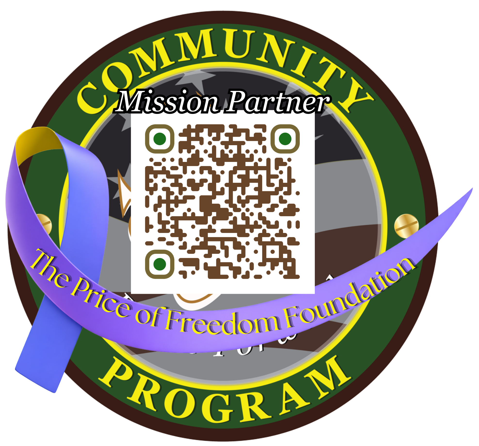 Circular Community Program Mission Partner badge with a QR code and a purple ribbon labeled The Price of Freedom Foundation.