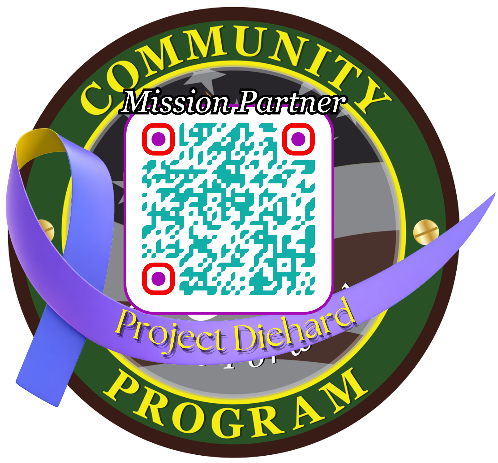 Circular Community Program Mission Partner badge with a QR code and a purple ribbon labeled Project Diehard.