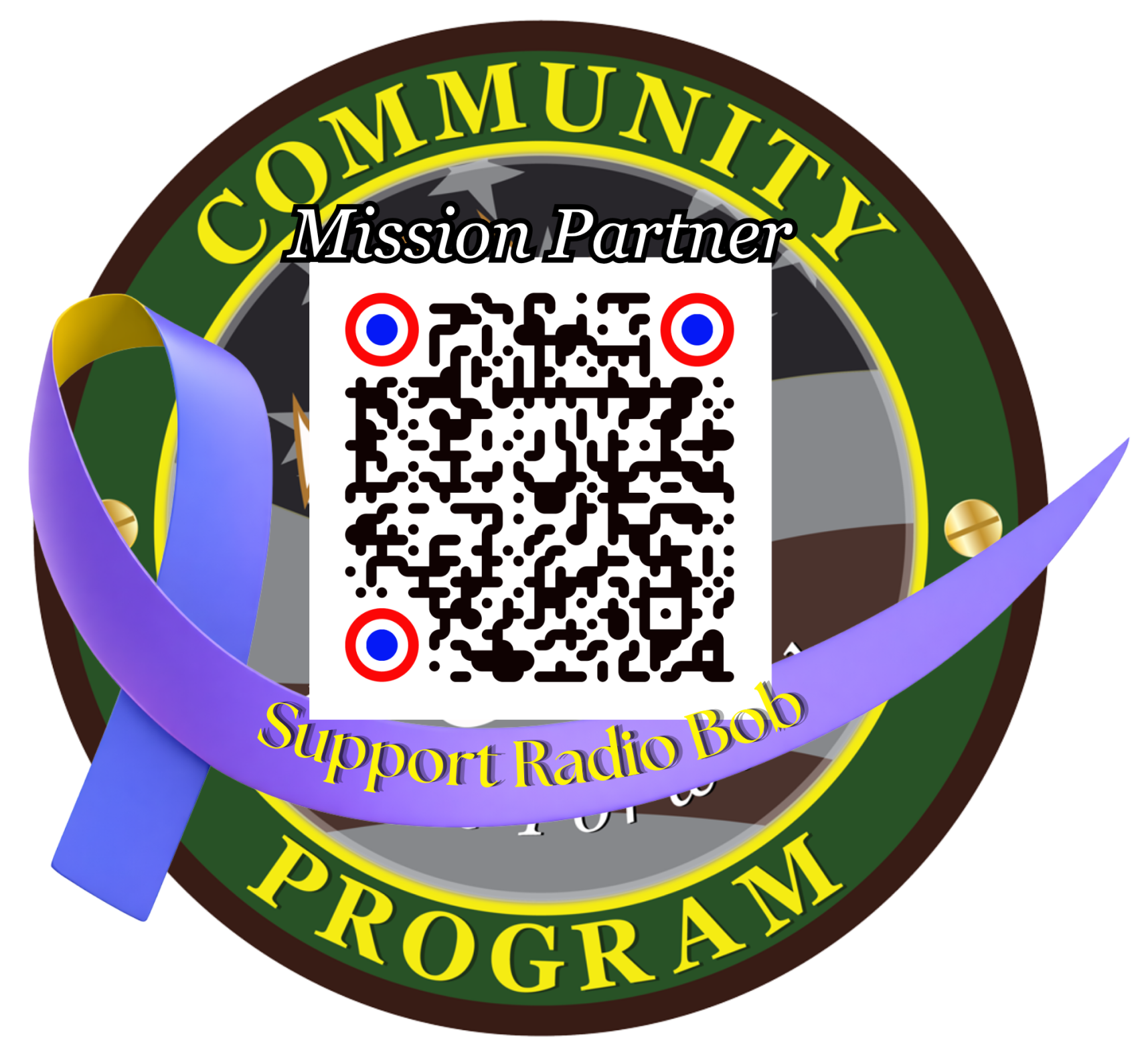Circular Community Program Mission Partner badge with a red white and blue QR code and a purple ribbon labeled Support Radio Bob.