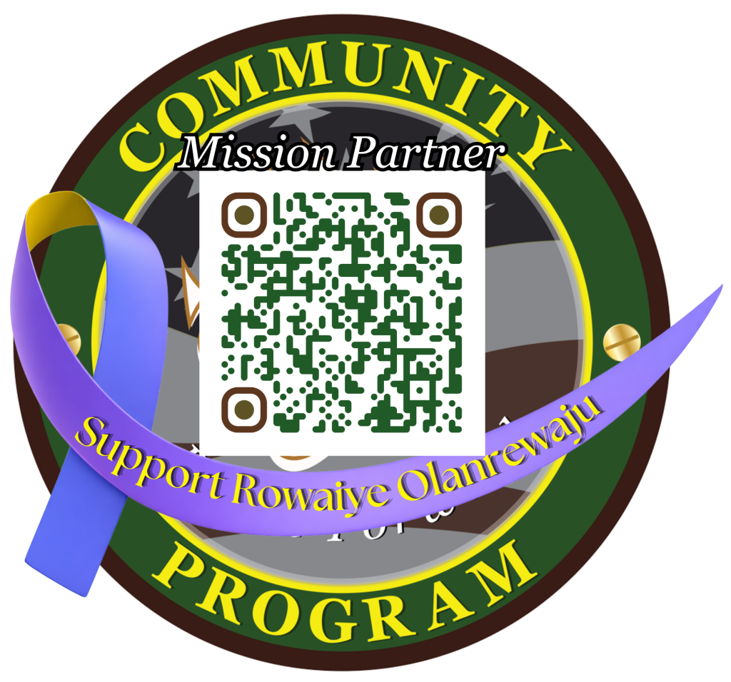 Circular Community Program Mission Partner badge with a QR code and a purple ribbon labeled Support Rowaiye Olanrewaju.