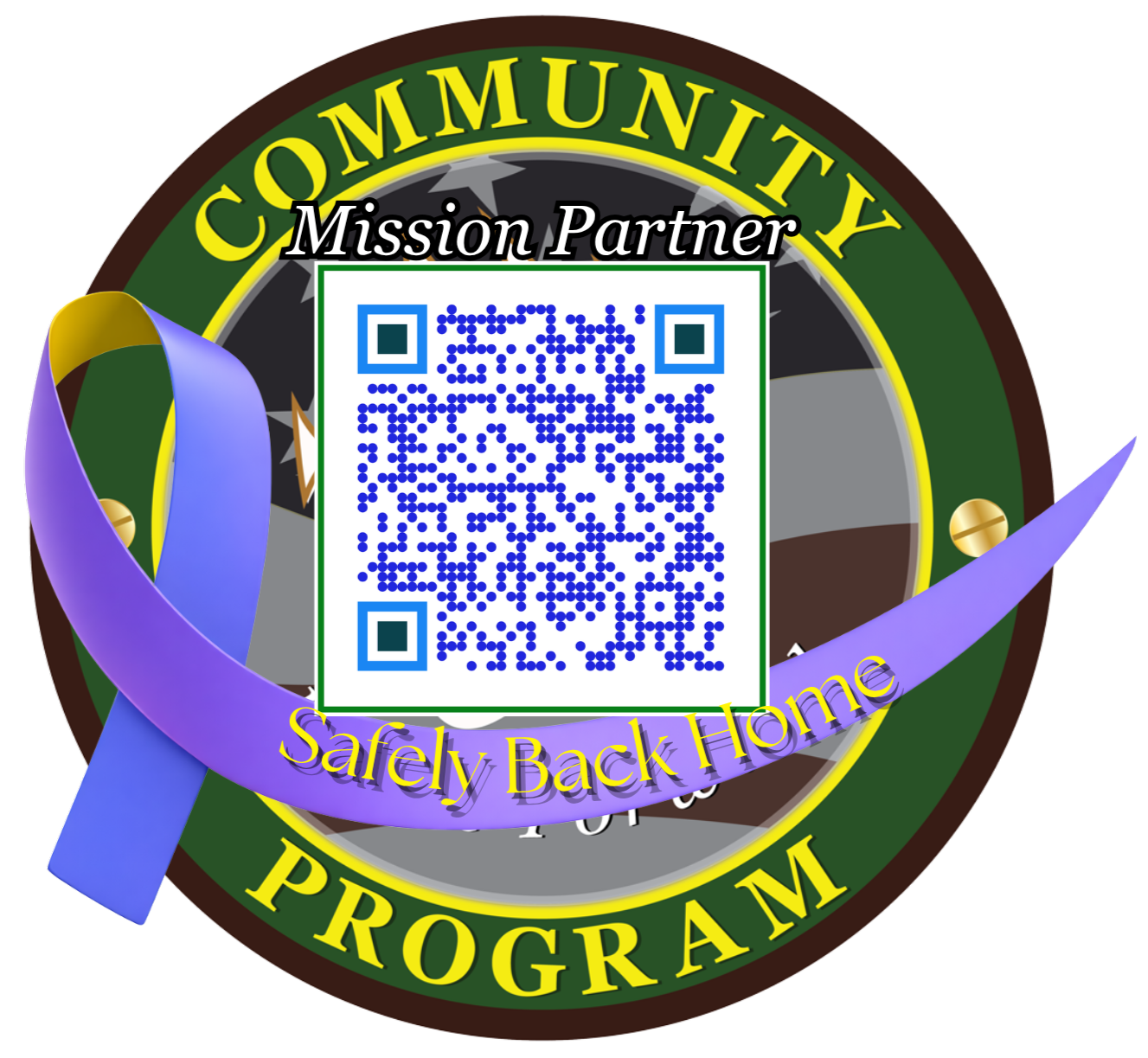 Circular Community Program Mission Partner badge with a blue QR code and a purple ribbon labeled Safely Back Home.