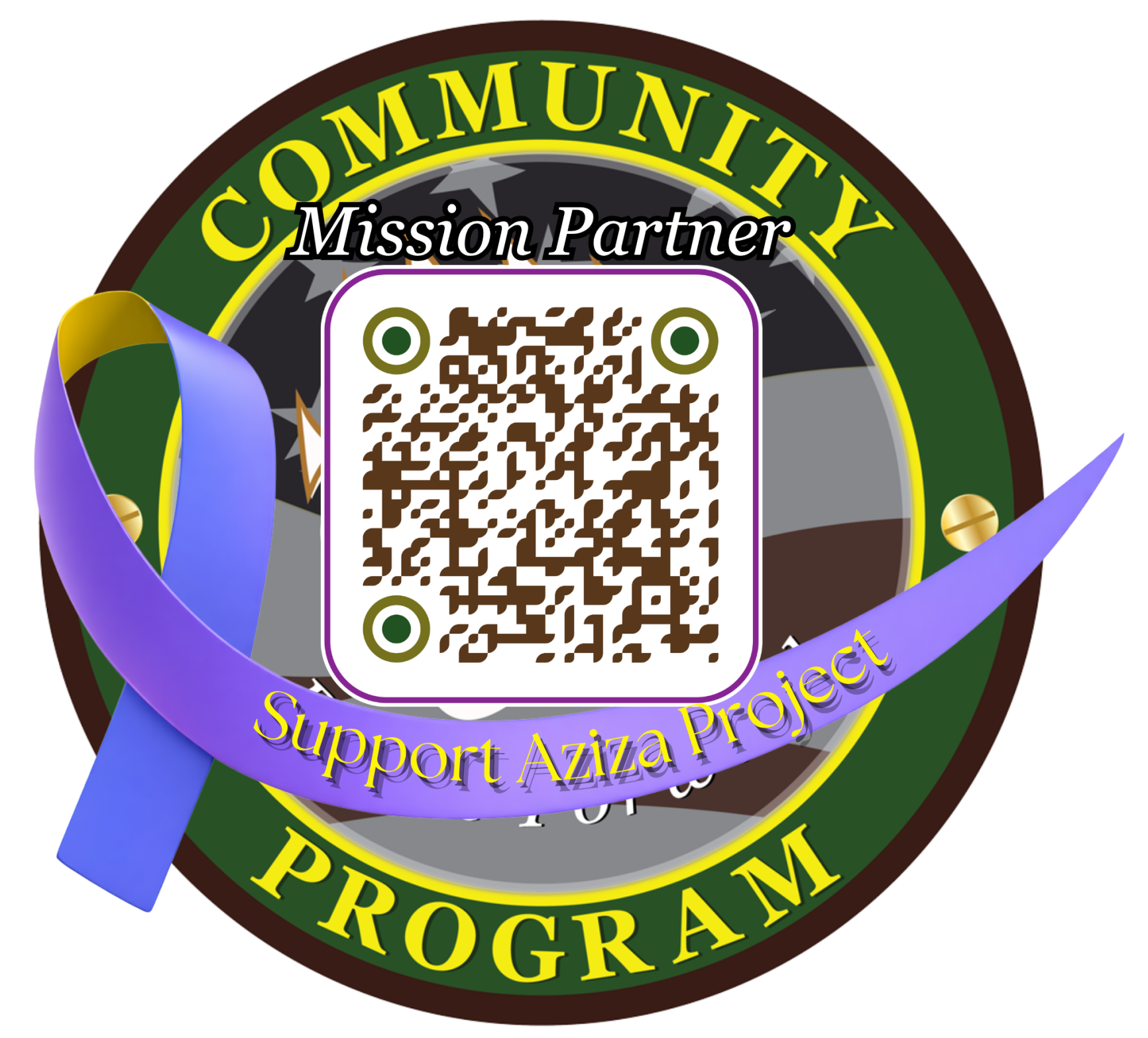 “Circular Community Program badge with a QR code in the center, labeled Mission Partner, and a diagonal ribbon reading Support Aziza Project.”