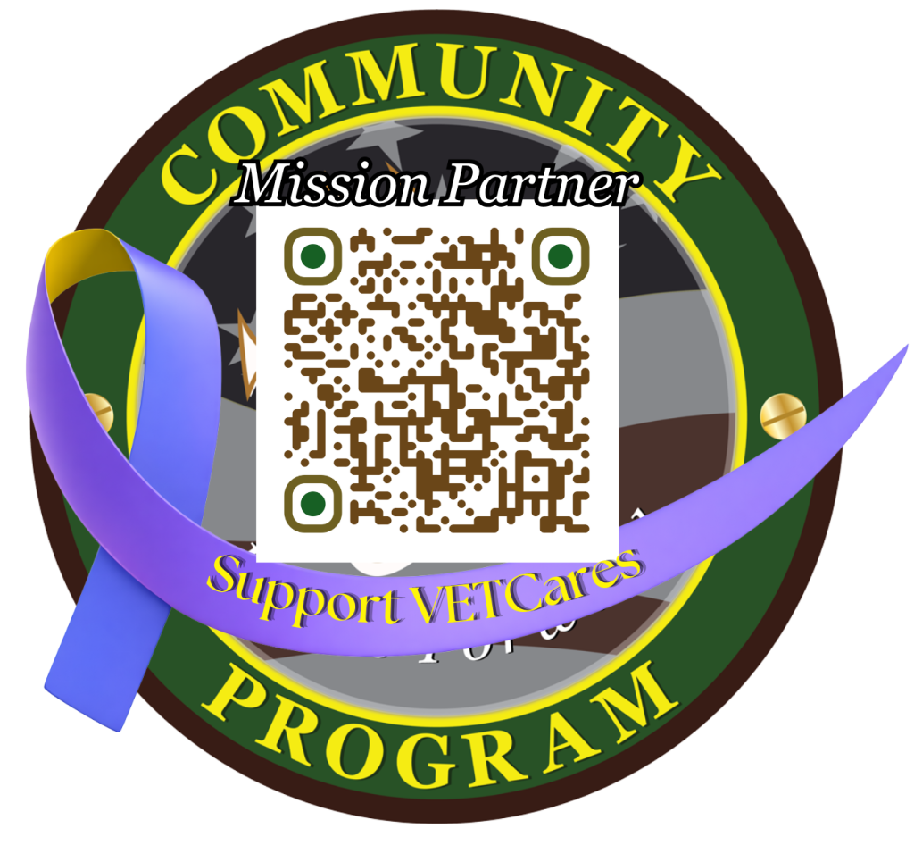 Circular Community Program Mission Partner badge with a QR code and a purple ribbon labeled Support VETCares.