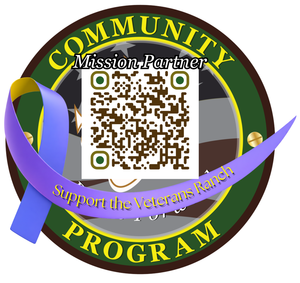 Circular Community Program Mission Partner badge with a QR code and a purple ribbon labeled Support the Veterans Ranch.