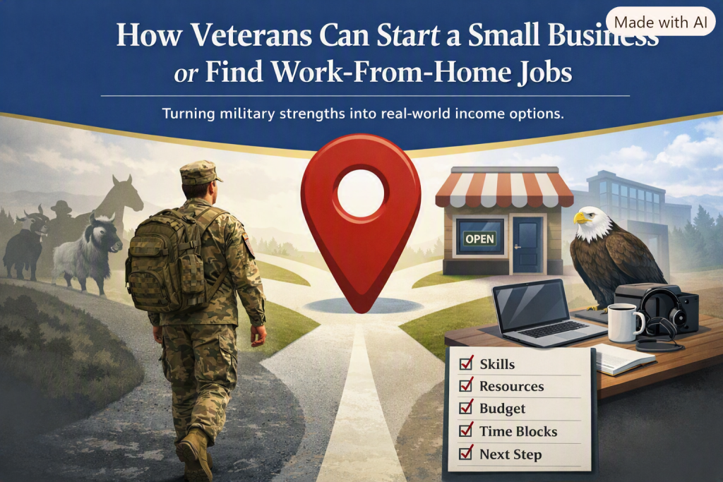 Veteran walking from a military path toward two civilian options — a small business storefront and a home office — with a red location pin at the crossroads, service‑animal mascots representing each branch, and a checklist showing skills, resources, budget, time blocks, and next step.