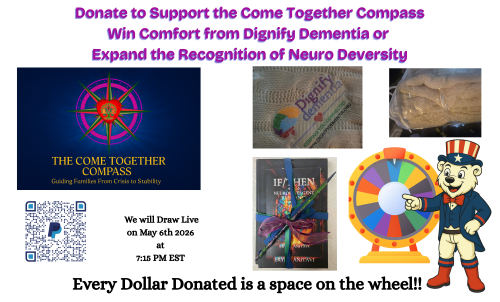 Donation flyer for the Come Together Compass featuring a compass logo, knitted items from Dignify Dementia, a QR code for PayPal, a neurodivergent anthology book, and a cartoon bear pointing at a colorful prize wheel.