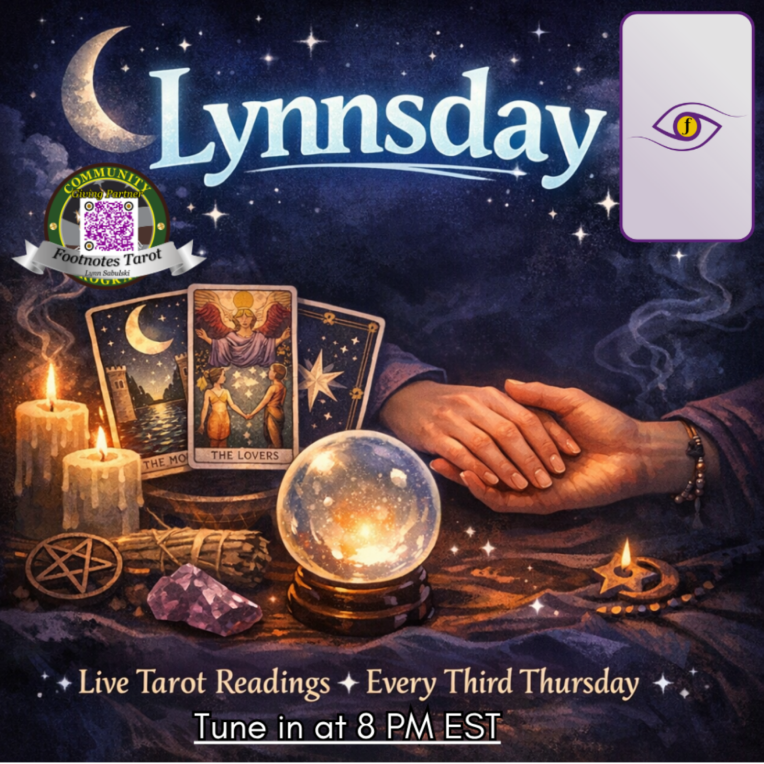 Mystical tarot reading scene with candles, tarot cards, a crystal ball, and promotional text for Lynnsday live tarot readings.