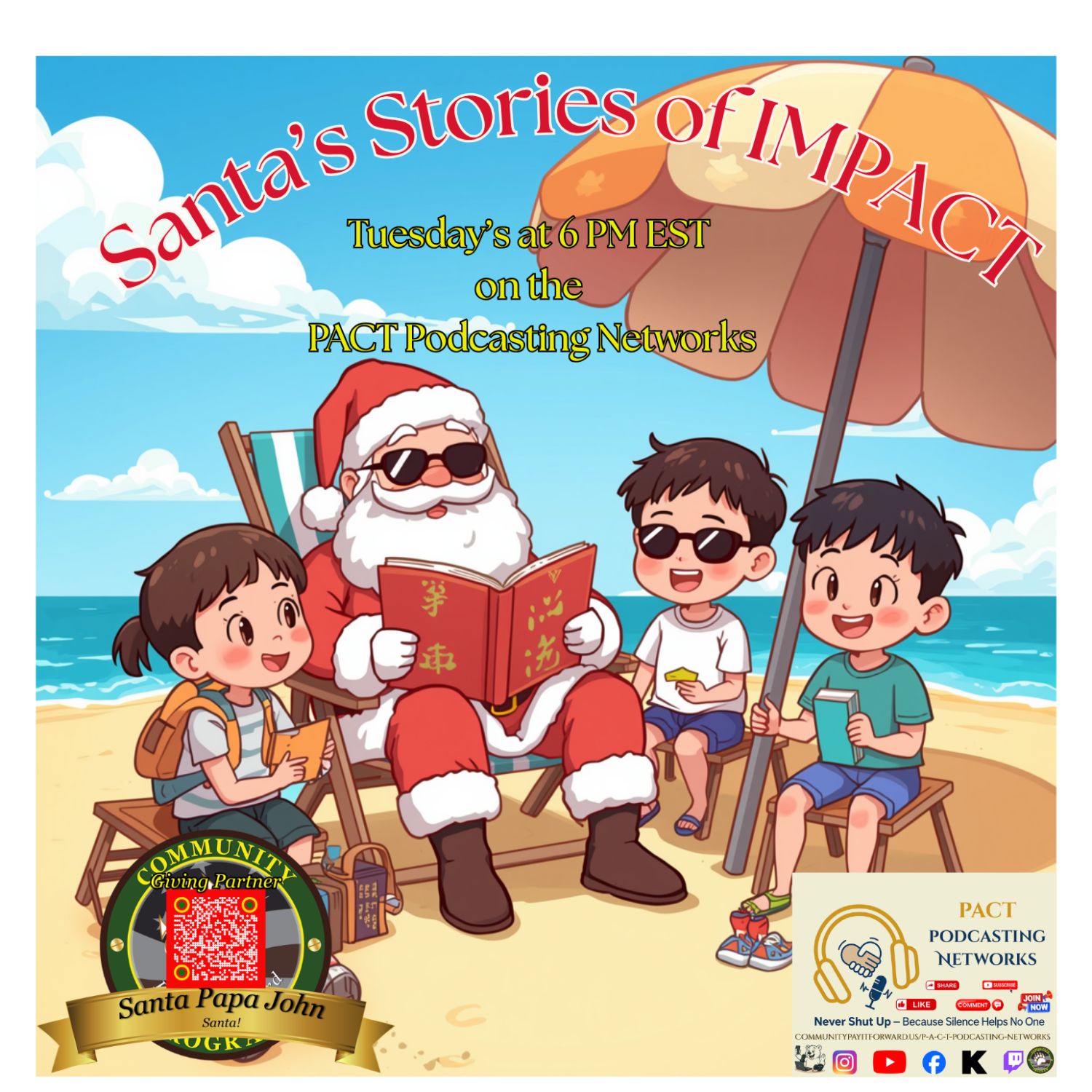 Santa Claus sits on a sunny beach reading a story to three children under an umbrella, with promotional text for Santa’s Stories of IMPACT and podcast network logos.